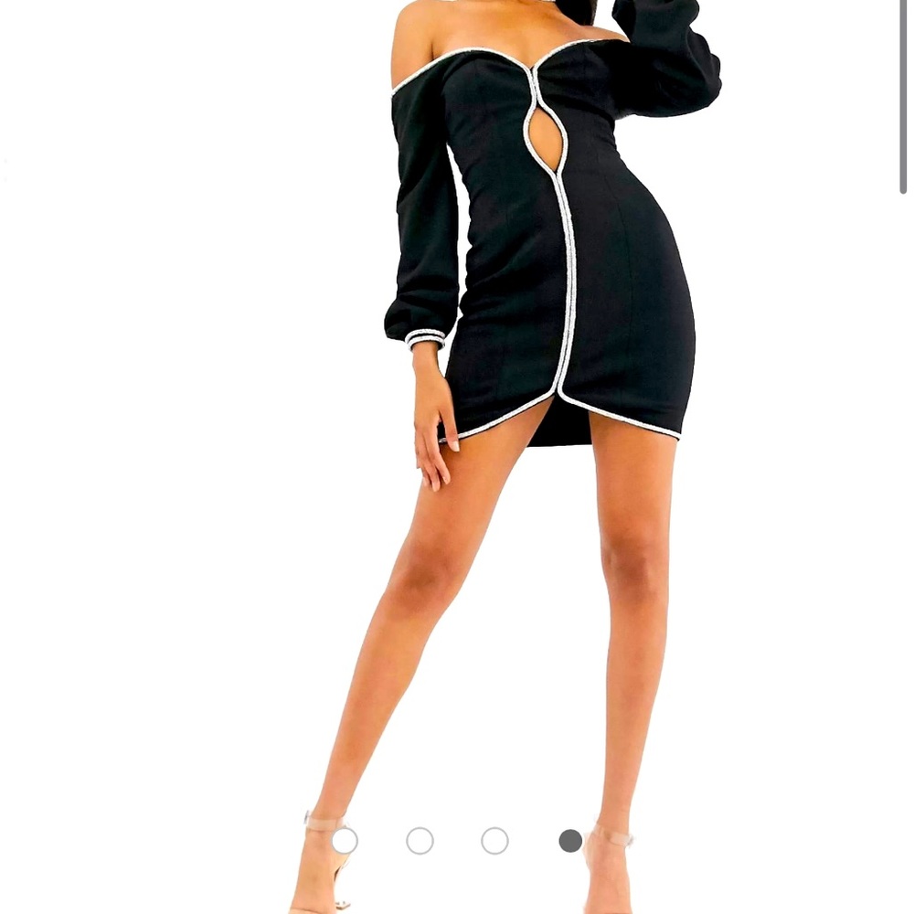 rhinestone trim off shoulder contour mini dress with cut out. new year’s dress